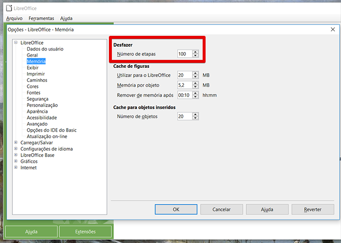 Defina uma quantidade menor de passos para diminuir o peso do LibreOffice na memória (Foto: Reprodução/Filipe Garrett)