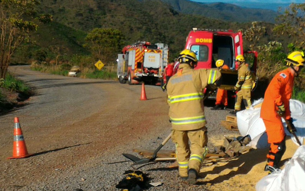 Bombeiros limpam carga de soja que se espalhou na queda de caminhão em ribanceira às margens da DF-170, no Lago Oeste, neste domingo (11) (Foto: Corpo de Bombeiros/Divulgação)