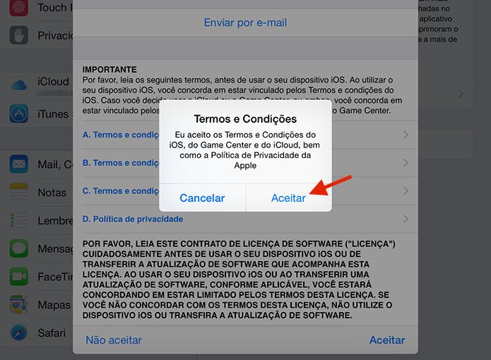 Confirmando os termos e condições para uso do iOS 9 (Foto: Reprodução/Marvin Costa) Confirmando os termos e condições para uso do iOS 9 (Foto: Reprodução/Marvin Costa)