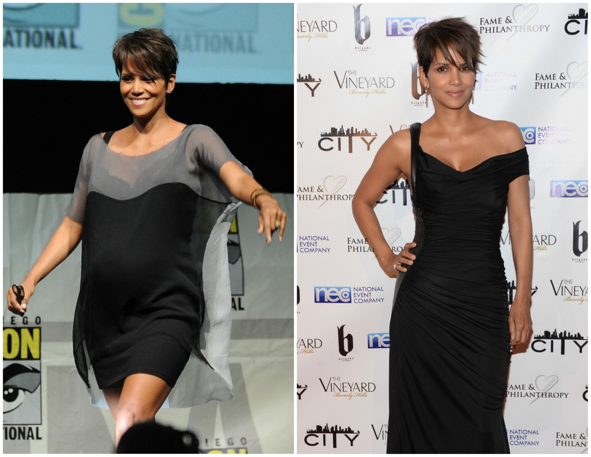 Halle Berry em julho de 2013 (à esq.) e em março de 2014. O filho da atriz, Maceo, veio ao mundo em 5 de outubro de 2013. (Foto: Getty Images)