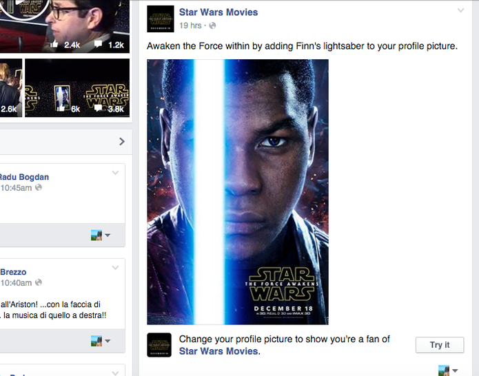 Foto no perfil do Facebook pode ganhar filtro de Stars Wars com sabre de luz (Foto: Reprodução/Facebook) Foto no perfil do Facebook pode ganhar filtro de Stars Wars com sabre de luz (Foto: Reprodução/Facebook)