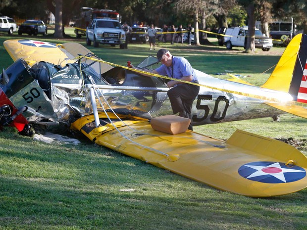 Um perito analisa o avião após a queda em campo de golfe de Los Angeles, na Califórnia (Foto: Lucy Nicholson/Reuters)