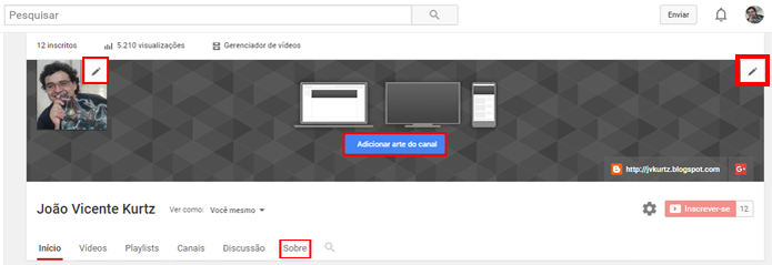 Artes do canal do YouTube podem ser customizadas pelo usuário (Foto: Reprodução/João Kurtz) Artes do canal do YouTube podem ser customizadas pelo usuário (Foto: Reprodução/João Kurtz)