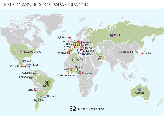 Info mapa 32 países classificados copa do mundo brasil (Foto: arte esporte)