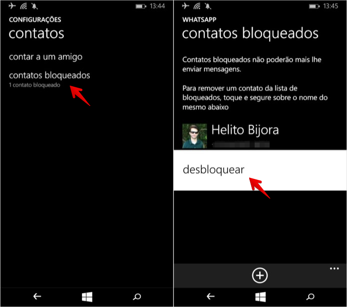 Desbloqueando um contato (Foto: Reprodução/Helito Bijora)