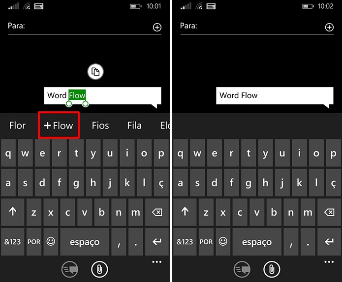 Windows Phone pode ter palavras adicionadas ao dicionário a partir do símbolo de + (Foto: Reprodução/Elson de Souza)