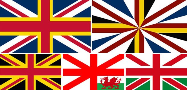 Opções de mudança na bandeira do Reino Unido, com a saída da cor azul, da Escócia, a inclusão das cores preta e amarela da bandeira de São David, do País de Gales, ou do verde e o dragão, símbolos do país, ou com todos os elementos (Foto: Reprodução/GloboNews)