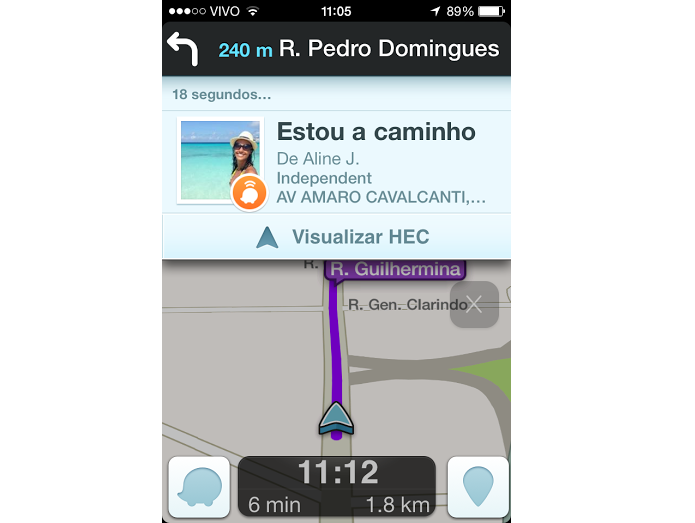 Alerta de que você está a caminho aparece no Waze do amigo (Foto: Reprodução/Aline Jesus)