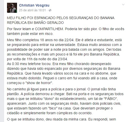 Christian Vosgrau desabafou nas redes sociais sobre suposta agressão sofrida por filho em casa noturna de Campinas (SP) (Foto: Reprodução/Facebook)