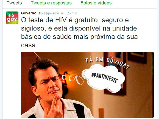 Twitter do Governo do Rio Grande do Sul brinca com HIV do ator Charlie Sheen (Foto: Reprodução/Twitter)