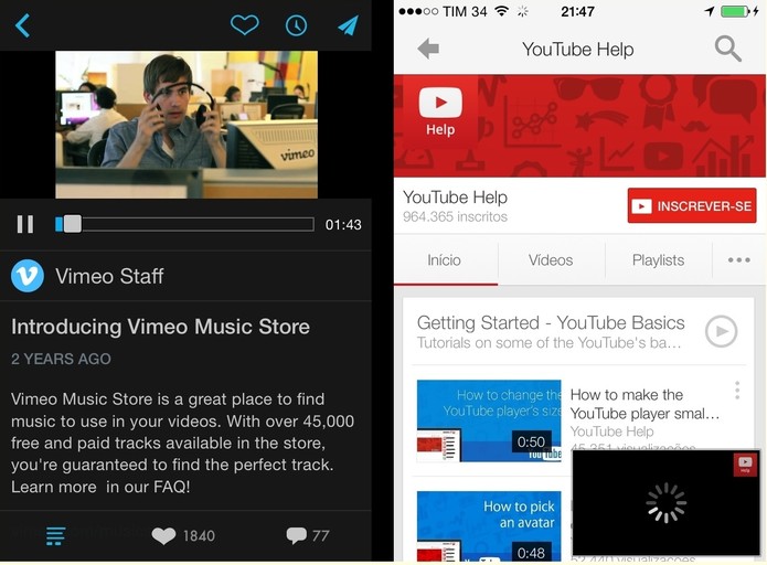 Comparativo entre plataformas mobile do Vimeo e do YouTube (Foto: Reprodução/Paulo Finotti)