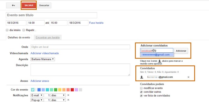 Adicione convidados para seu evento usando os contatos do Gmail e confirme em Salvar (Foto: Reprodução/Barbara Mannara)