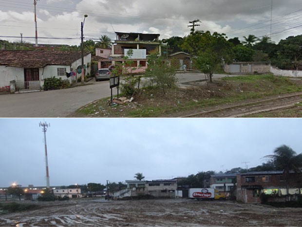 A primeiro foto, retirada do Google Maps, mostra outro trecho de Camaragibe onde ocorreram desapropriações para passagem do Ramal da Copa (Foto: Luna Markman/G1)