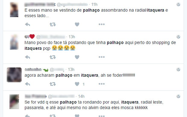 UsuÃ¡rios do Twiter falam sobre apariÃ§Ã£o de palhaÃ§o em Itaquera, Zona Leste de SÃ£o Paulo (Foto: ReproduÃ§Ã£o/Twitter)