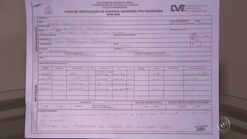 Unidade de saúde emitiu documento que confirma o erro na aplicação (Foto: Reprodução/TV TEM)