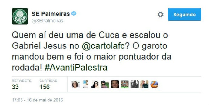 Palmeiras brinca com cartoleiros e destaca boa atuação de Gabriel Jesus