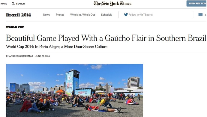 Reportagem do NYT mostra torcedora se aquecendo na Fan Fest em dia gelado no RS (Foto: Reprodução)