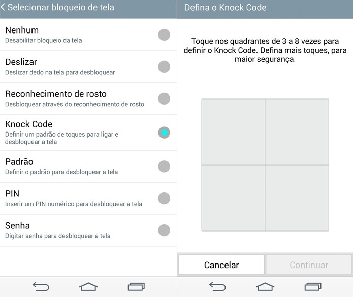 Knock Code permite desbloquear o LG G3 com uma série de toques pré-configurados (Foto: Reprodução/Lucas Mendes) Knock Code permite desbloquear o LG G3 com uma série de toques pré-configurados (Foto: Reprodução/Lucas Mendes)