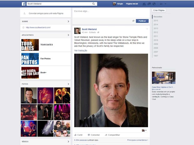 Perfil do roqueiro Scott Weiland no Facebook uma nota confirma a morte (Foto: ReproduÃ§Ã£o / Facebook / perfil de Scott Weiland)