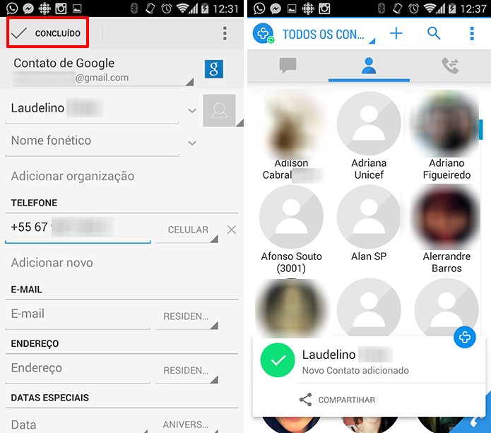 Contacts+ adicionará contato ao Android após usuário preencher as informações desejadas (Foto: Reprodução/Elson de Souza)