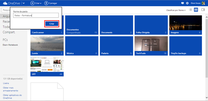 Pastas no OneDrive servem para organizar melhor os arquivos e devem podem ter um nome como no computador (Foto: Reprodução/Elson de Souza)