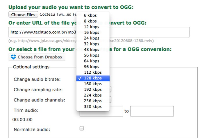 Opções de bitrate do arquivo .ogg (Foto: Reprodução/André Sugai)