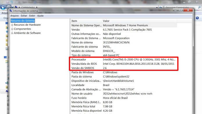 No aplicativo Informações do Sistema, procure pelo processador e pela BIOS para saber a versão do firmware a data de seu último upgrade (Foto: Reprodução/Daniel Ribeiro)