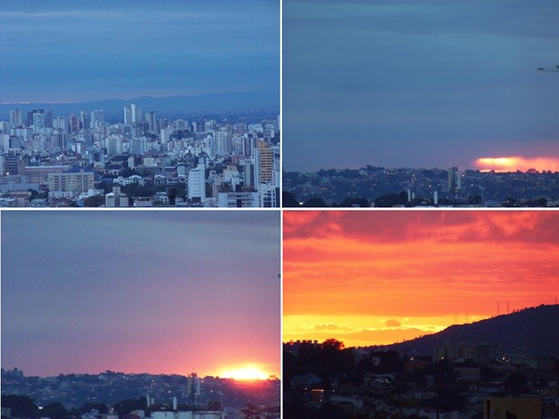 Montagem de fotos mostra o nascer do sol em Porto Alegre nesta terça-feira (7) (Foto: João Laud/RBS TV)