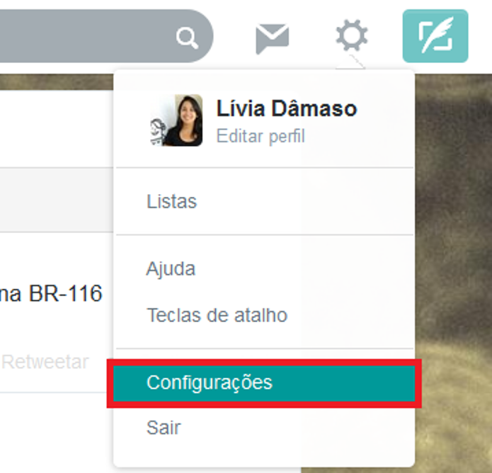 Atalho para as configurações do Twitter (Foto: Reprodução/Lívia Dãmaso)