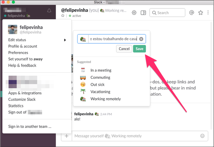 Saiba definir para ausente ou outra mensagem no Slack (Foto: Reprodução/Felipe Vinha)