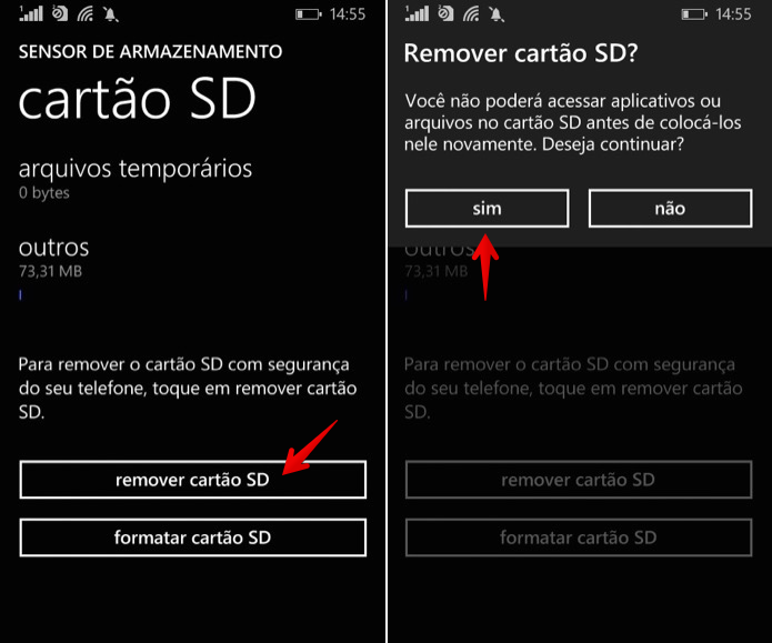 Removendo cartão com segurança no Windows Phone (Foto: Reprodução/Helito Bijora) 