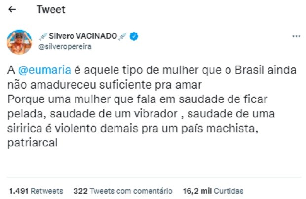 Silvero Pereira sai em defesa de Maria e aponta machismo na sociedade brasileira (Foto: Reprodução/Twitter)