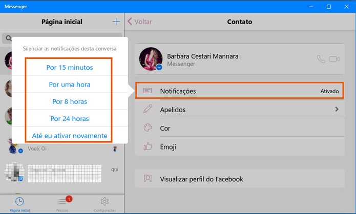 Silencie as notificações específicas de um contato no Messenger para Windows 10 (Foto: Reprodução/Barbara Mannara)