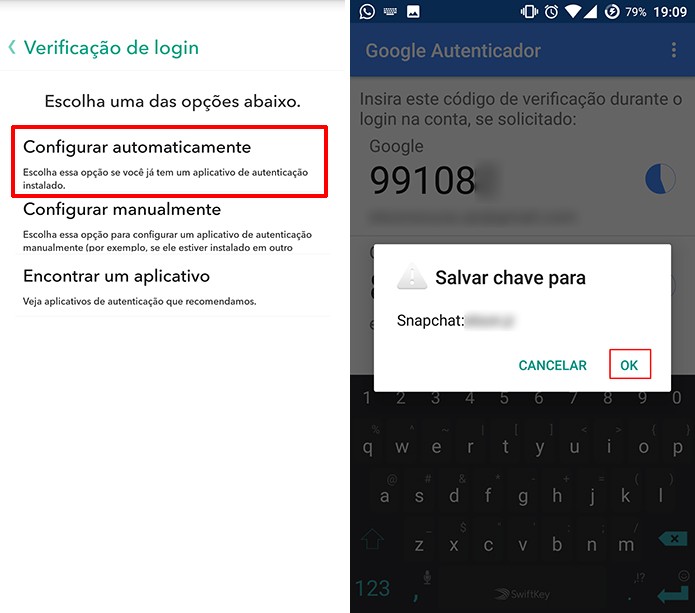 Adicione chave do Snapchat ao Google Authenticator para poder usar os códigos do app (Foto: Reprodução/Elson de Souza)