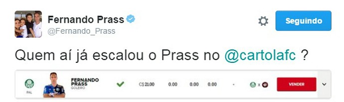 Prass se escala no Cartola e também lança campanha para ser comprado