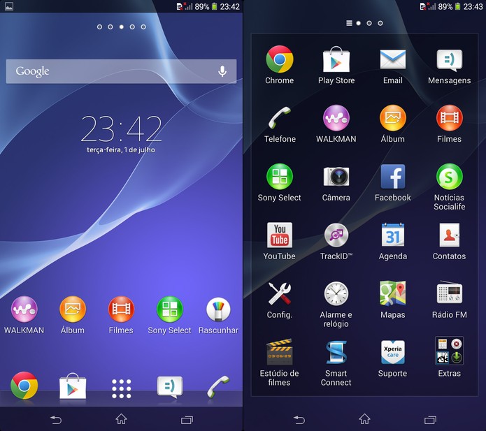 Página inicial e menu de aplicativos do Xperia T2 Ultra Dual (Foto: Reprodução)