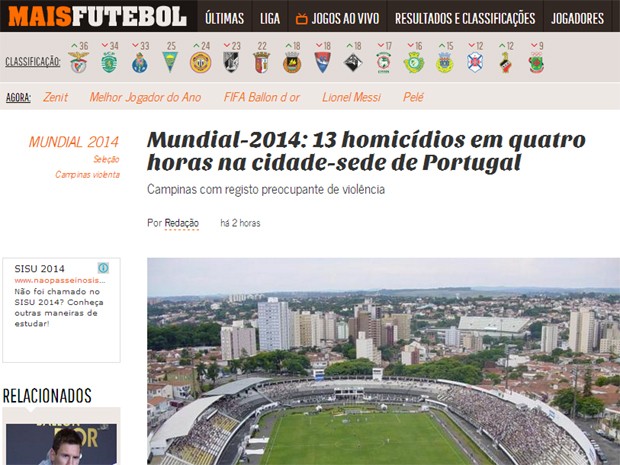 Site português MaisFutebol noticia mortes em Campinas (Foto: Reprodução)