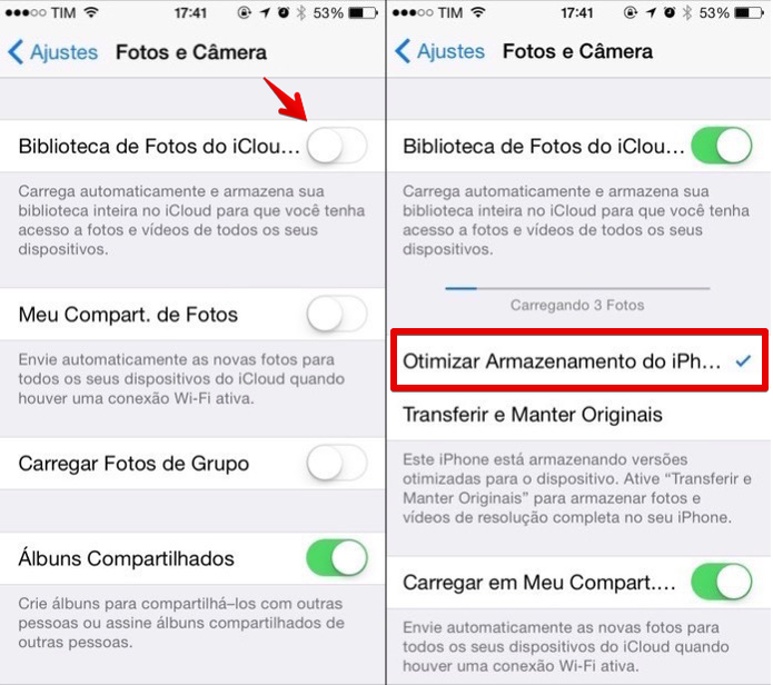 Ativando otimização de fotos no iPhone (Foto: Reprodução/Helito Bijora) 