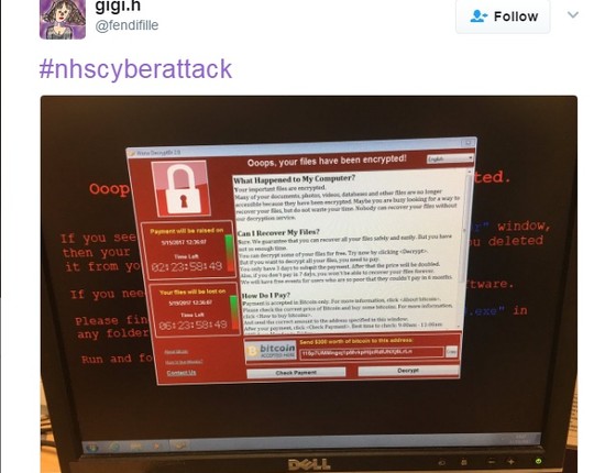 Tela de uma vítima do ataque de ransomware desta sexta-feira (12) (Foto: Reprodução/ Twitter)
