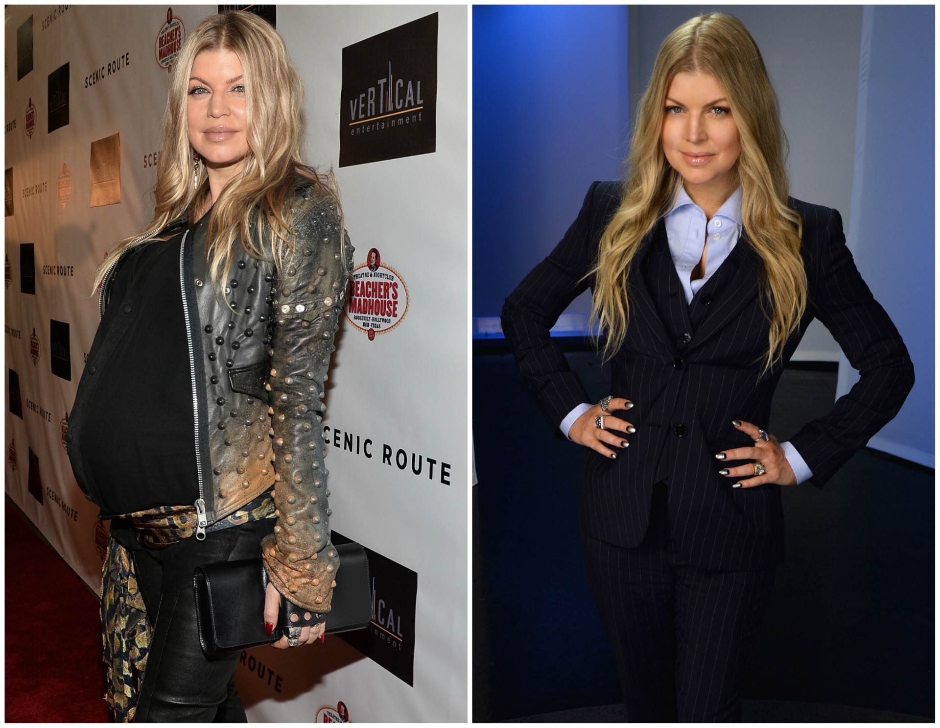 A cantora Fergie em agosto de 2013 (à esq.), nove dias antes de nascer seu filho, Axl, e em março de 2014. (Foto: Getty Images)