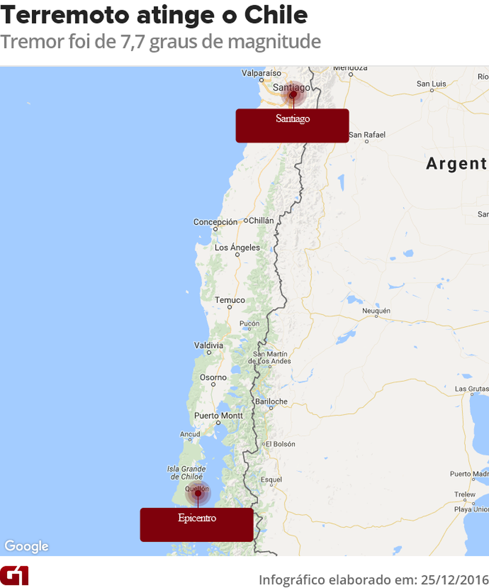 Terremoto de 7,7 graus de magnitude atinge o Chile (Foto: Editoria de Arte)