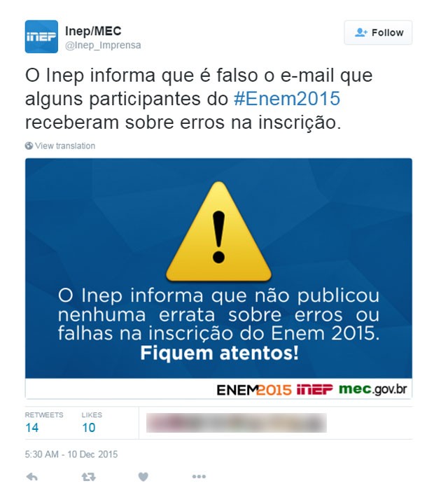 Inep divulga alerta sobre e-mail falso circulando sobre o Enem 2015 (Foto: Reprodução/Twitter)