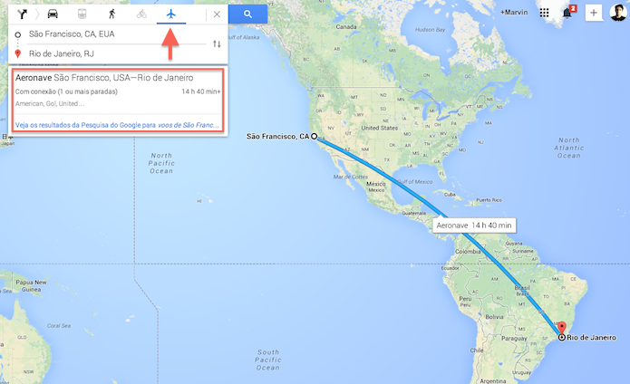 Definindo uma rota internacional no Google Maps (Foto: Reprodução/Marvin Costa)