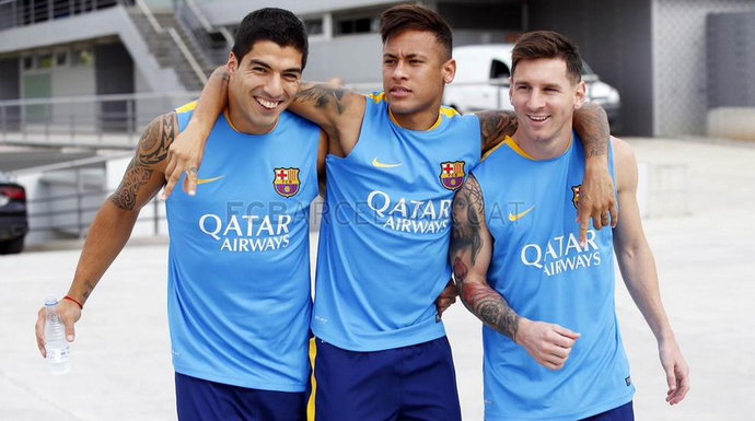 Messi, Neymar e Luis Suárez treino Barcelona (Foto: Miguel Ruiz / Barcelona)