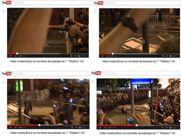 Detalhes do vídeo postado no YouTube que mostra Bruno fora do local de onde saiu a primeiro coquetel molotov. (Foto: Reprodução/YouTube)