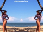 Ex-BBB Adriana ensina truque em foto de maiô na praia