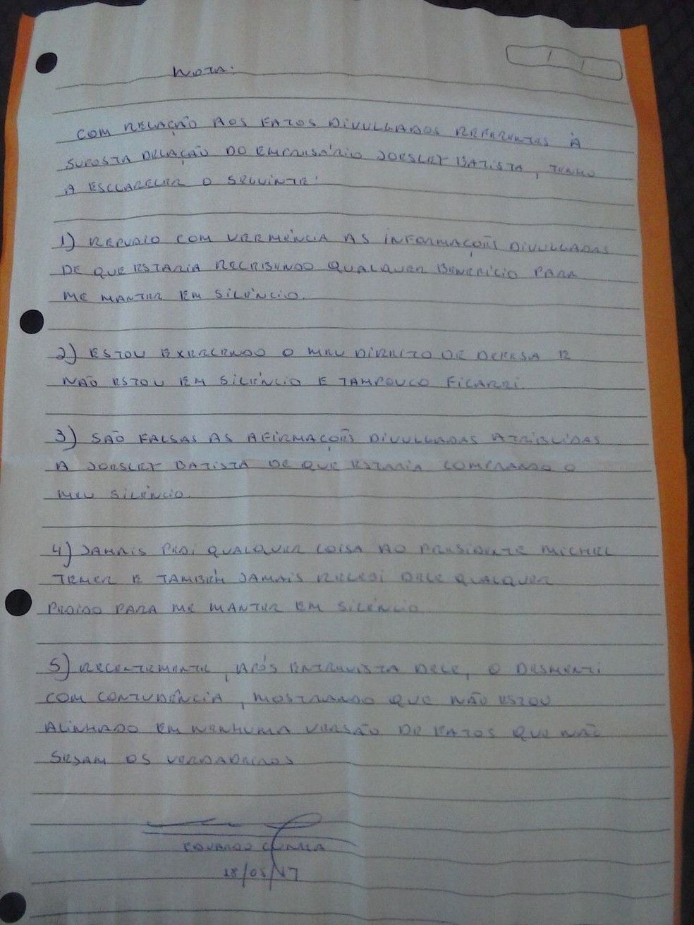 Carta atribuída a Eduardo Cunha por seu advogado (Foto: Arquivo pessoal)