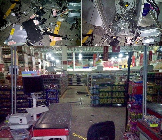 No supermercado Makro, caixa foi arrombado; dinheiro ficou espalhado  (Foto: Marksuel Figueredo/Inter TV Cabugi)