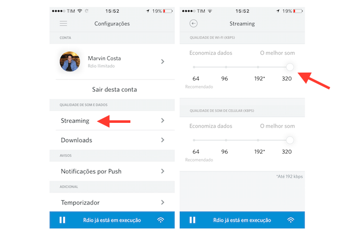 Ativando a opção melhor som do Rdio no celular (Foto: Reprodução/Marvin Costa)