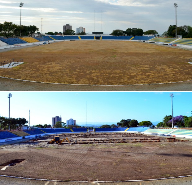 Comparativo entre agosto e setembro da reforma no estádio Martins Pereira (Foto: Danilo Sardinha/Globoesporte.com)